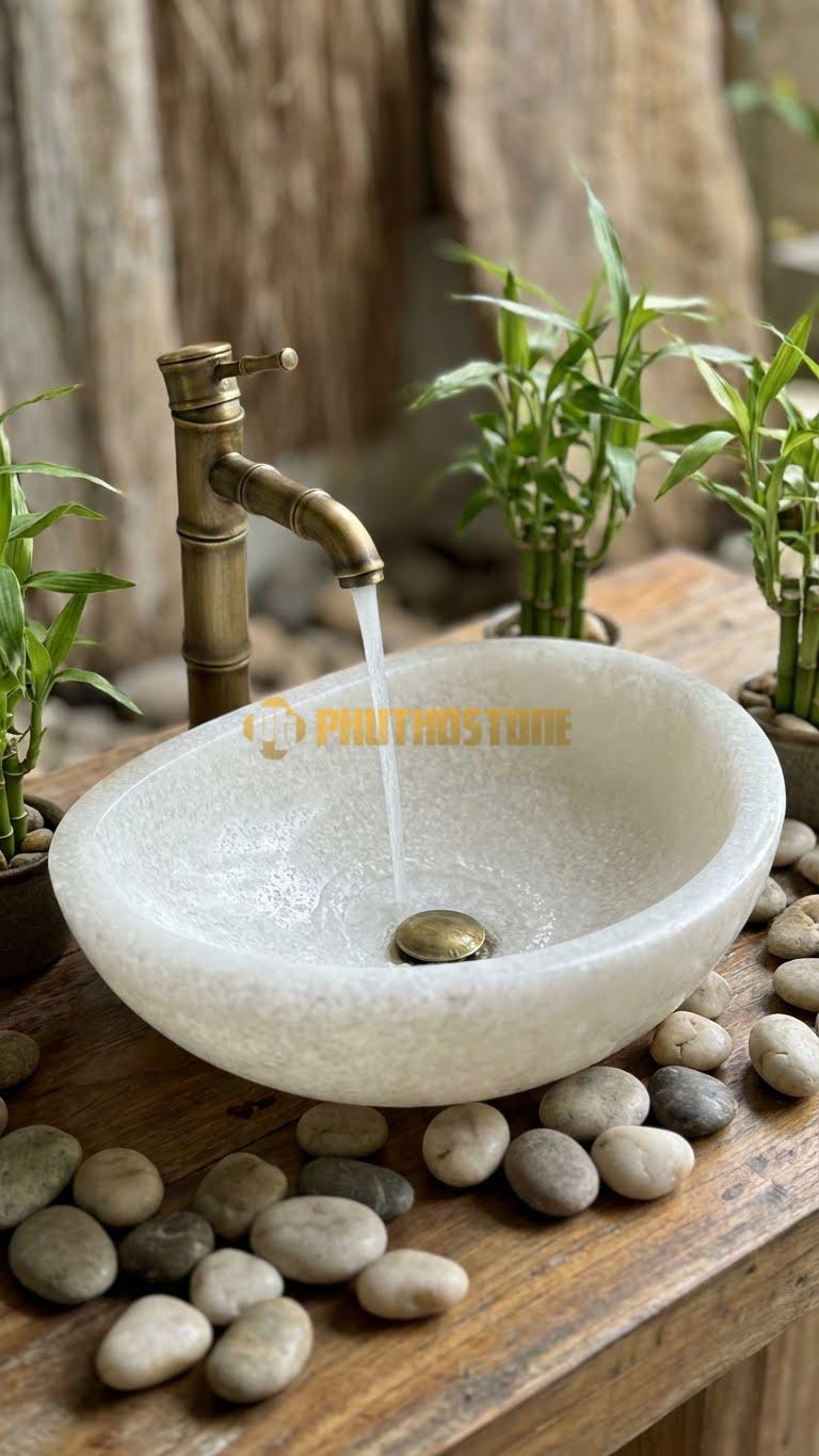 Chậu Rửa (Lavabo) Đá Trắng Muối Oval Lệch Tâm Cao 14cm