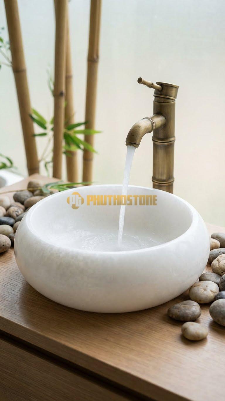 Chậu Rửa (Lavabo) Đá Trắng Muối Tròn 41 Cao 14