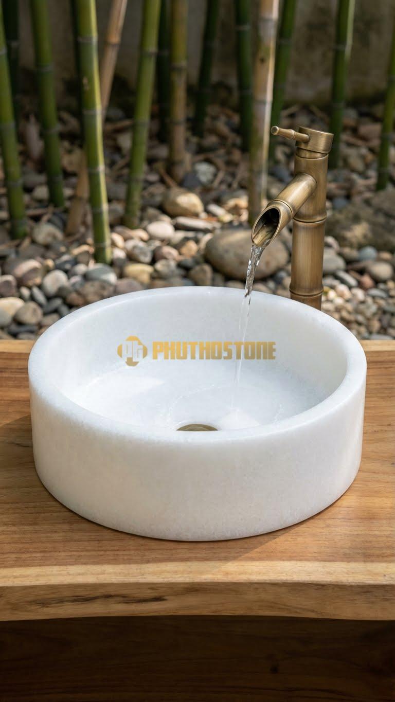 Chậu Rửa (Lavabo) Đá Trắng Muối Tròn 42 x Cao 14cm