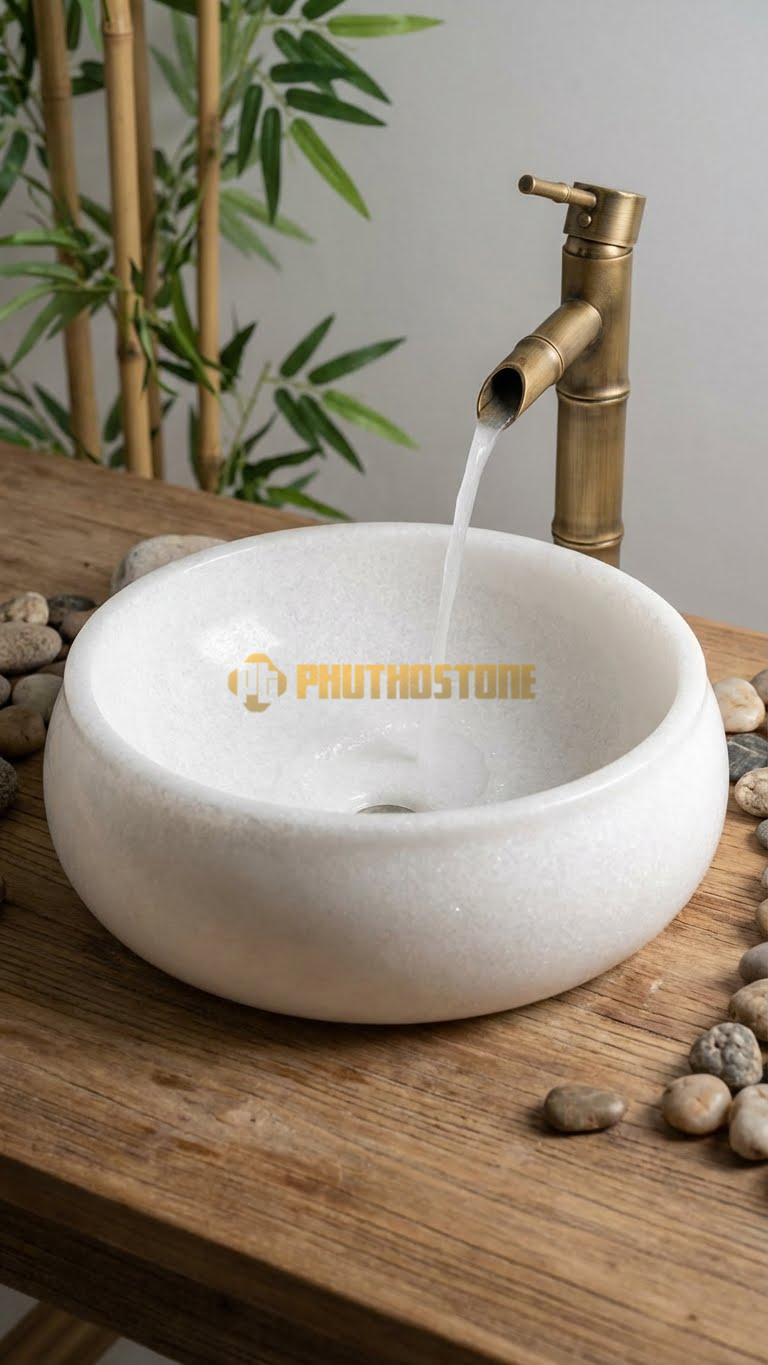 Chậu Rửa (Lavabo) Đá Trắng Muối Tròn Có Phào 41 Cao 14
