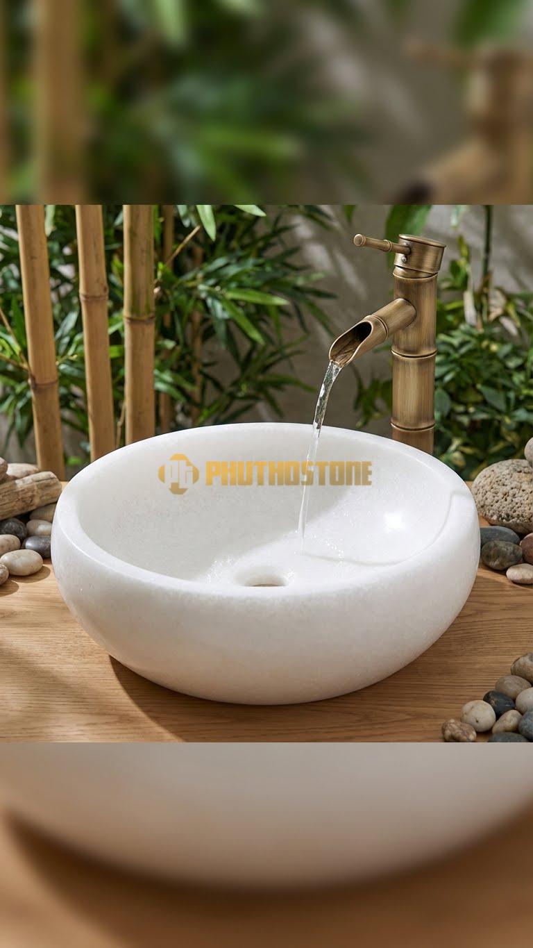 Chậu Rửa (Lavabo) Đá Trắng Muối Tròn Có Phào 41 Cao 14