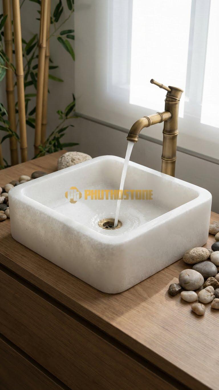 Chậu Rửa (Lavabo) Đá Trắng Muối Vuông 41 Cao 14cm