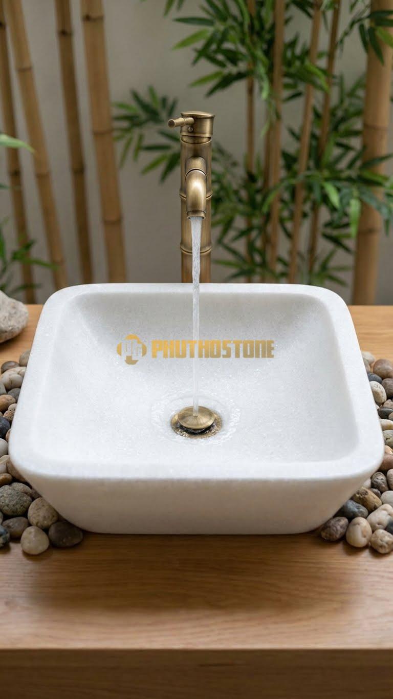 Chậu Rửa (Lavabo) Đá Trắng Muối Vuông Vát 44 cm x 44 cm x 14 cm