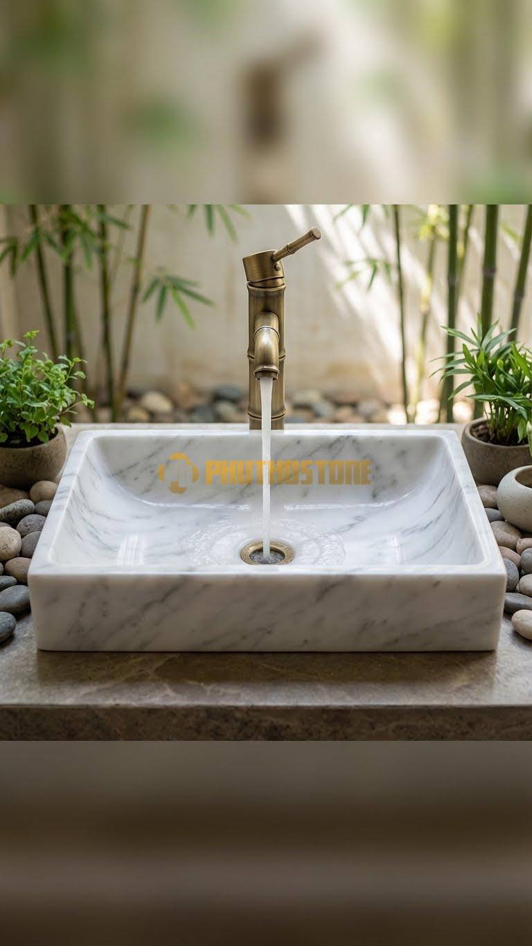 Chậu Rửa (Lavabo) Đá Trắng Xanh Chữ Nhật 61 cm x 36 cm x 13cm