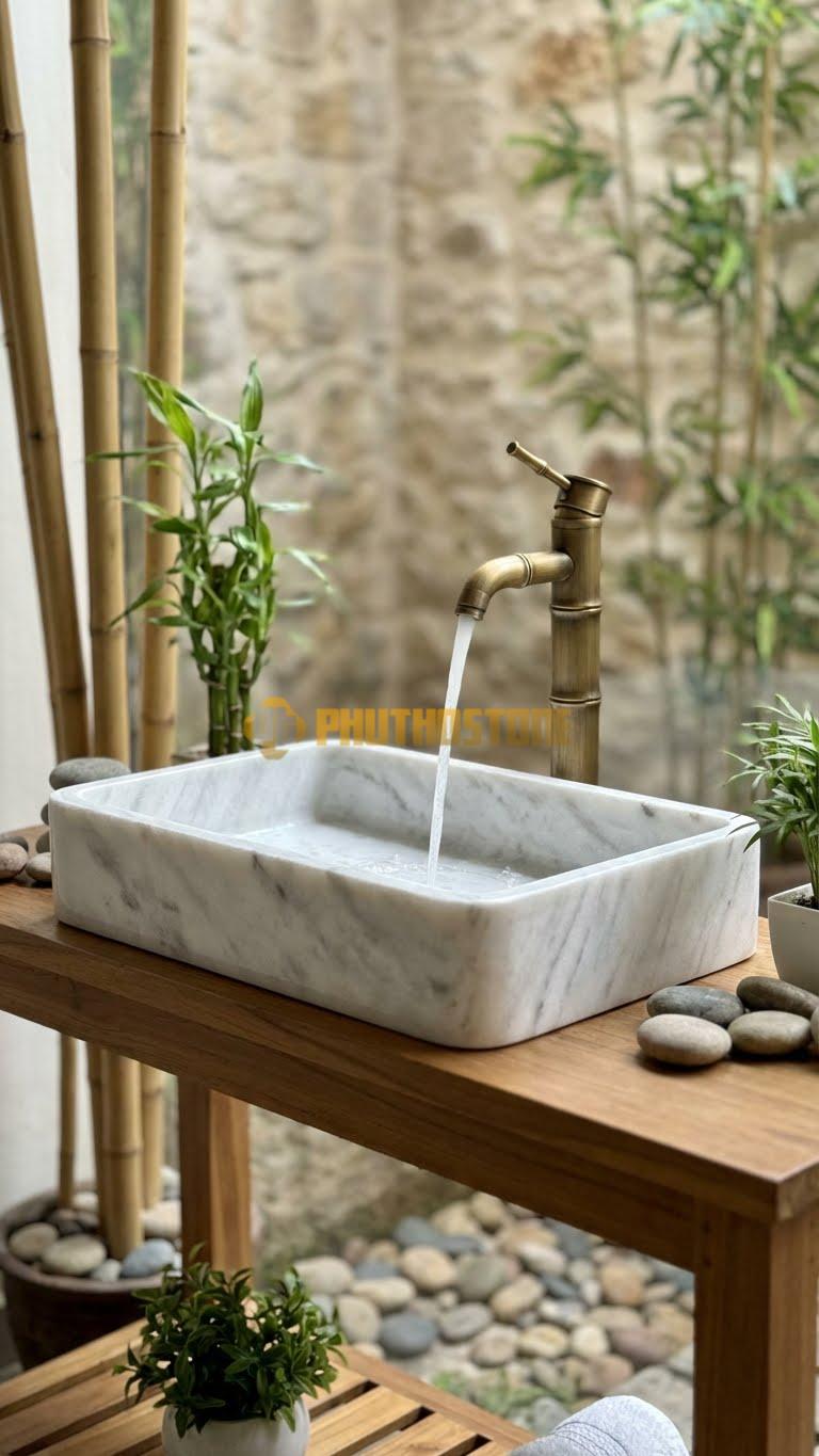 Chậu Rửa (Lavabo) Đá Trắng Xanh Chữ Nhật Vát 58 cm x 38 cm x 11cm