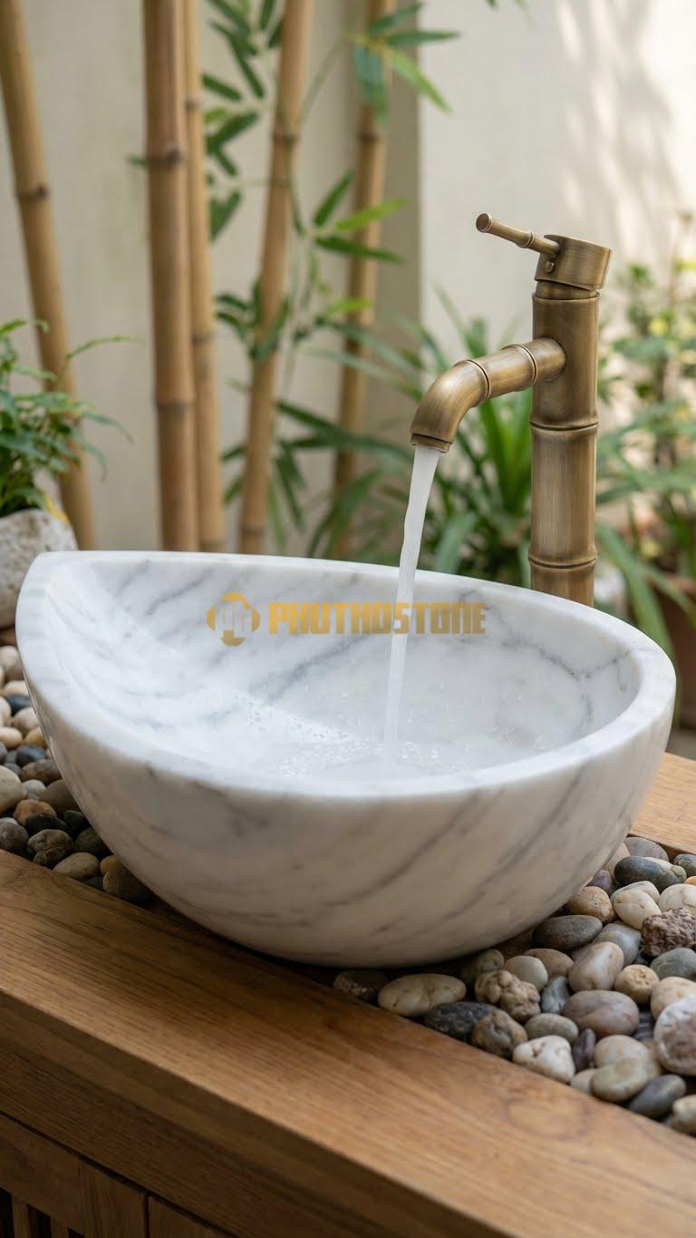 Chậu Rửa (Lavabo) Đá Trắng Xanh Giọt Nước 14cm