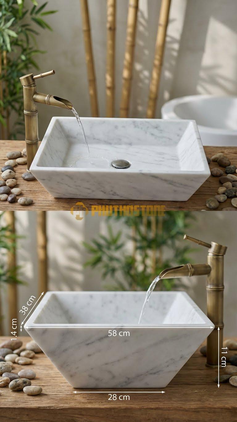 Chậu Rửa (Lavabo) Đá Trắng Xanh Hình Thang 58X38X11cm
