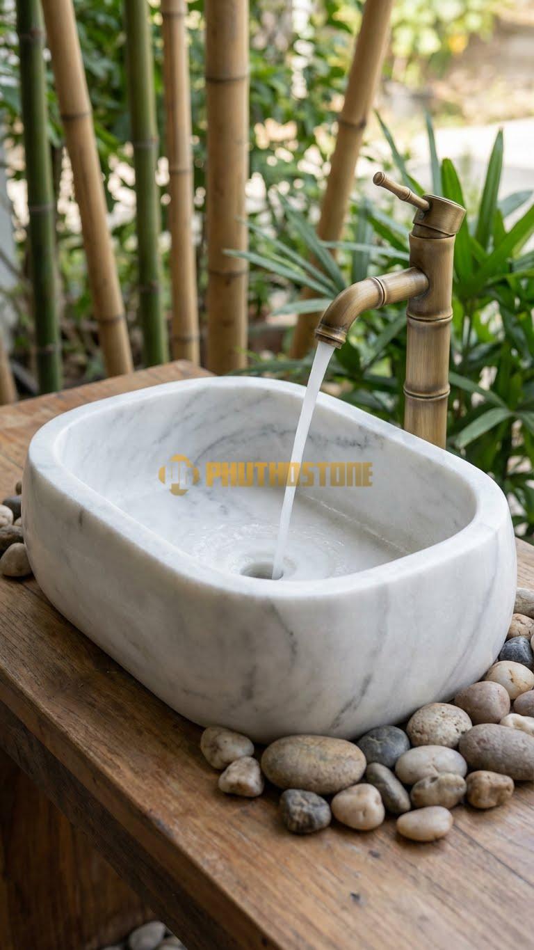 Chậu Rửa (Lavabo) Đá Trắng Xanh Lavabo Chữ Nhật Cong Bụng 13cm