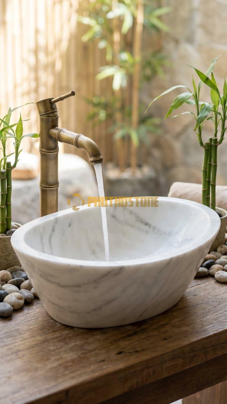 Chậu Rửa (Lavabo) Đá Trắng Xanh Lavabo Oval Vát Đáy Phẳng Nhỏ 15cm