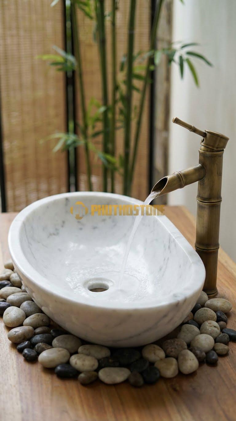 Chậu Rửa (Lavabo) Đá Trắng Xanh Oval Lệch Tâm Cao 14cm