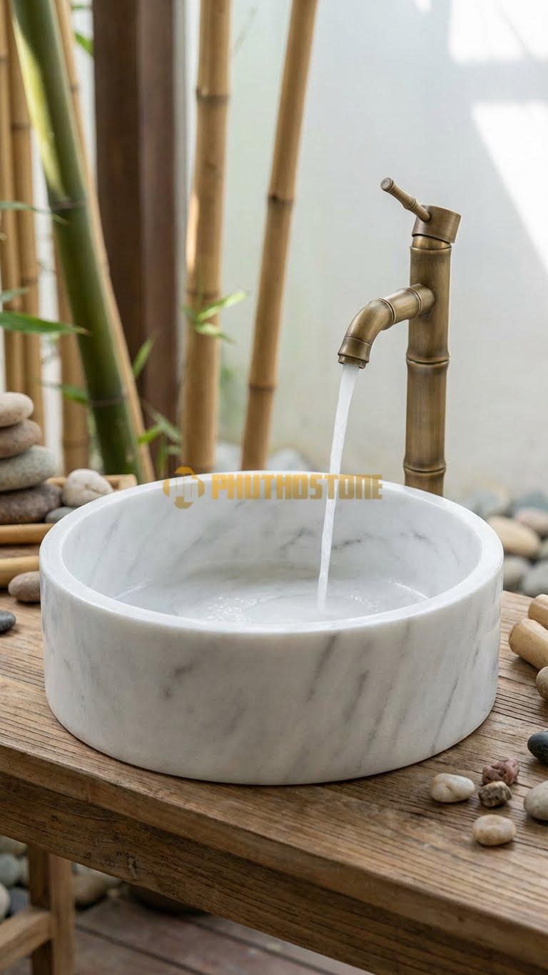 Chậu Rửa (Lavabo) Đá Trắng Xanh Tròn 42 x Cao 14cm