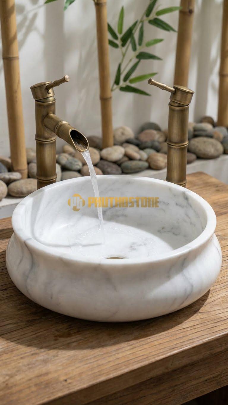 Chậu Rửa (Lavabo) Đá Trắng Xanh Tròn Có Phào 41 Cao 14
