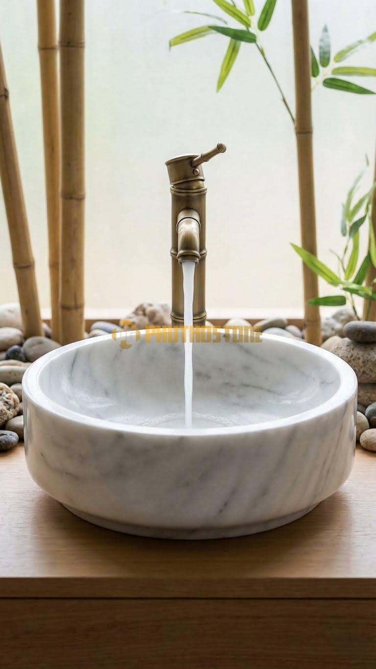 Chậu Rửa (Lavabo) Đá Trắng Xanh Tròn Có Phào 41 Cao 14