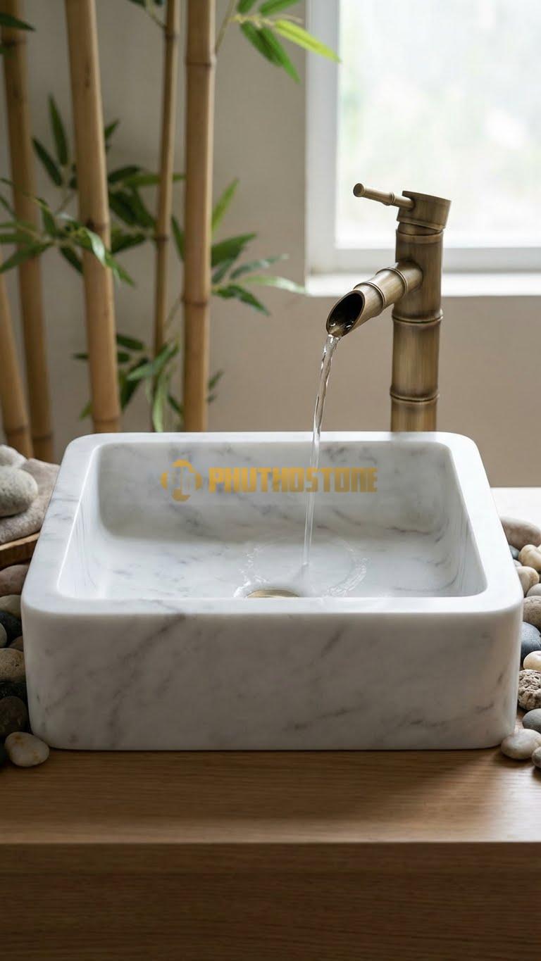 Chậu Rửa (Lavabo) Đá Trắng Xanh Vuông 41 Cao 14cm