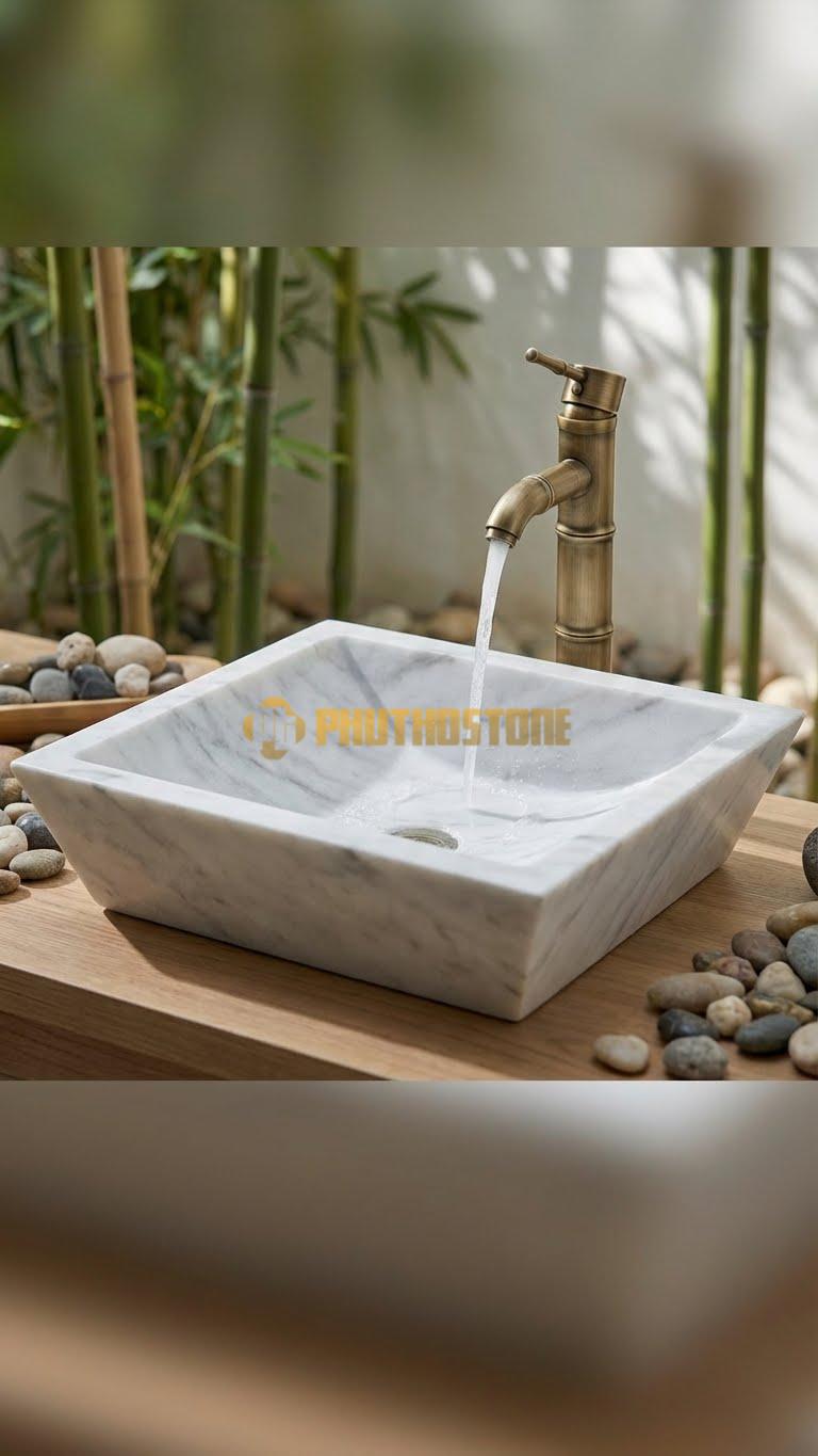 Chậu Rửa (Lavabo) Đá Trắng Xanh Vuông Vát 44 cm x 44 cm x 14 cm