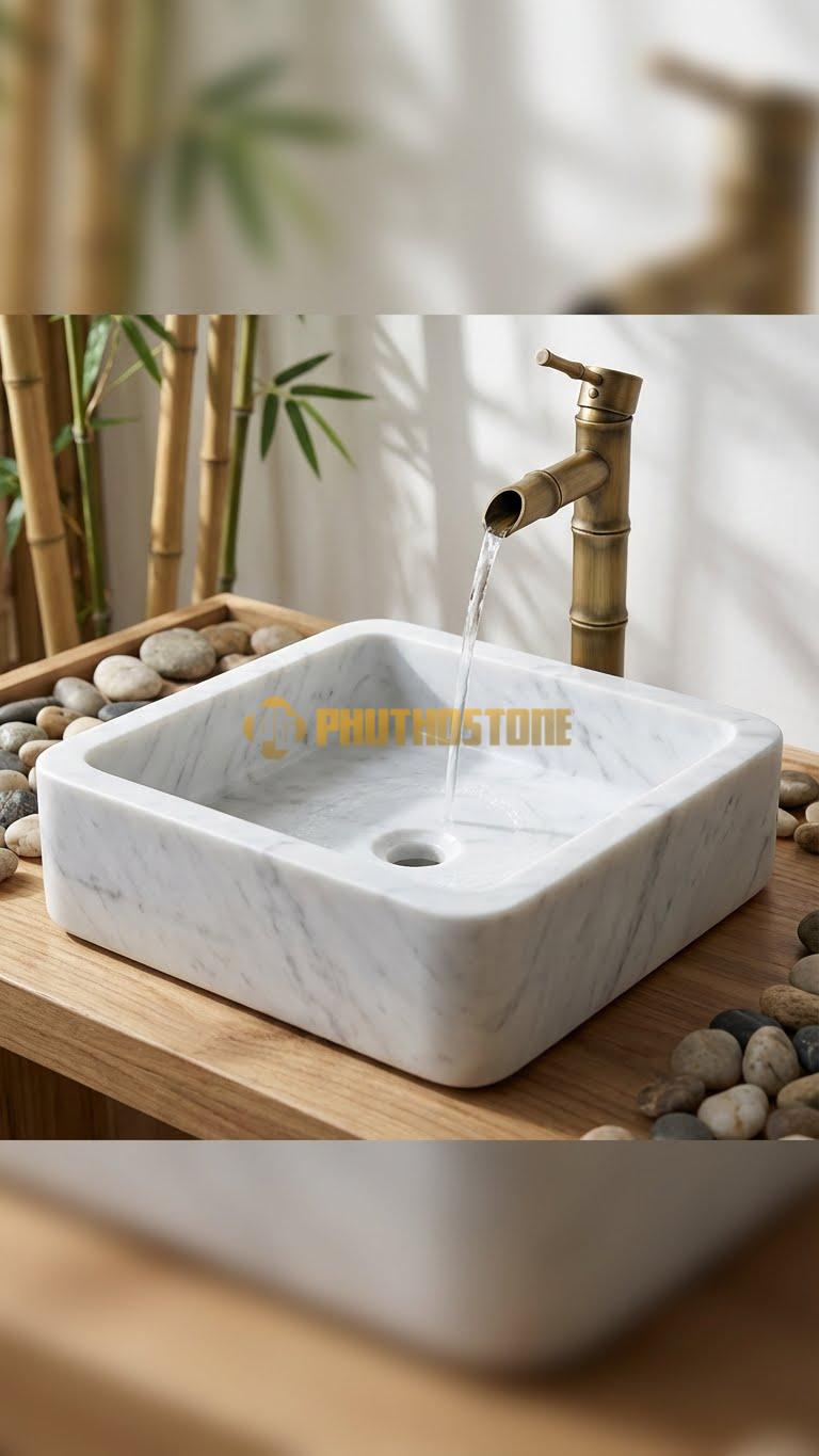 Chậu Rửa (Lavabo) Đá Trắng Yên Bái 41x41x14