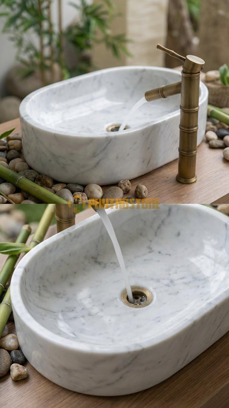 Chậu Rửa (Lavabo) Đá Trắng Yên Bái Bầu Dục 52 cm x 41 cm x 16 cm