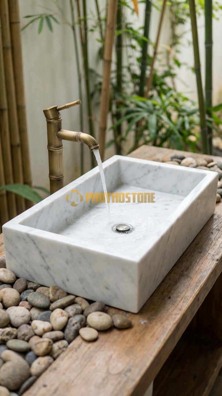 Chậu Rửa (Lavabo) Đá Trắng Yên Bái Chữ Nhật 61 cm x 36 cm x 13cm