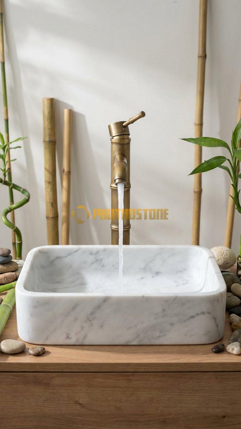 Chậu Rửa (Lavabo) Đá Trắng Yên Bái Chữ Nhật Vát 58 cm x 38 cm x 11cm