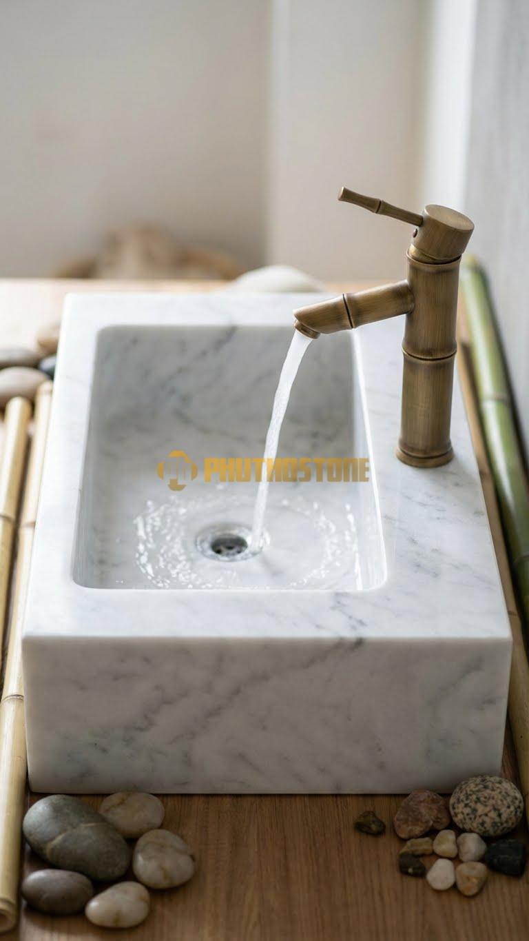 Chậu Rửa (Lavabo) Đá Trắng Yên Bái Dài 39 x 25 Cao 12 Có Chỗ Đặt Trụ