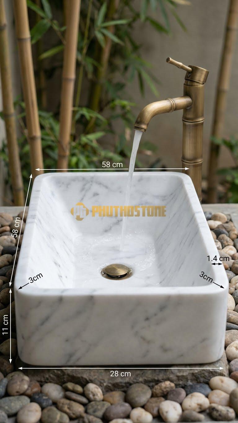 Chậu Rửa (Lavabo) Đá Trắng Yên Bái Hình Thang Bo Viền 58X38X11cm