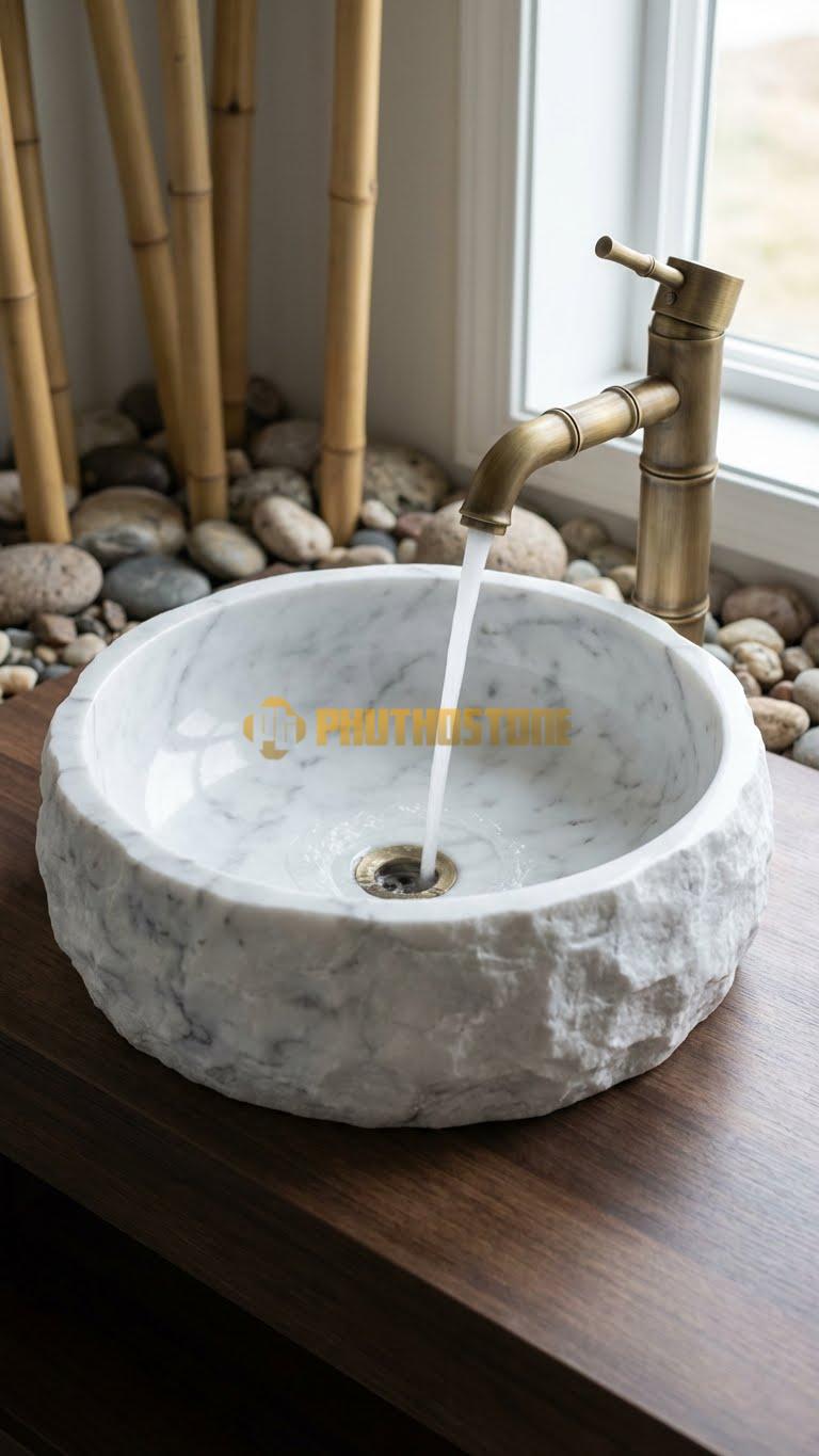 Chậu Rửa (Lavabo) Đá Trắng Yên Bái Lavabo Đá Tròn Mộc Tự Nhiên