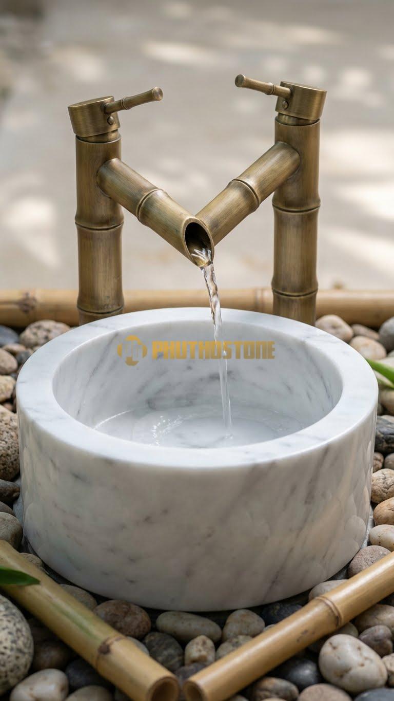 Chậu Rửa (Lavabo) Đá Trắng Yên Bái Lavabo Oval Bo Cạnh Ngoài – Lòng Tròn 14cm