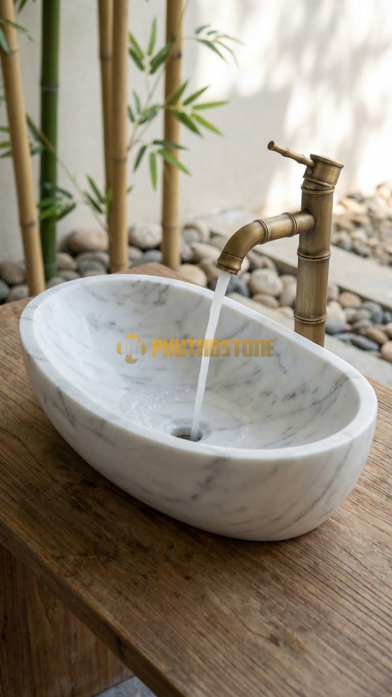 Chậu Rửa (Lavabo) Đá Trắng Yên Bái Oval Lệch Tâm Cao 14cm
