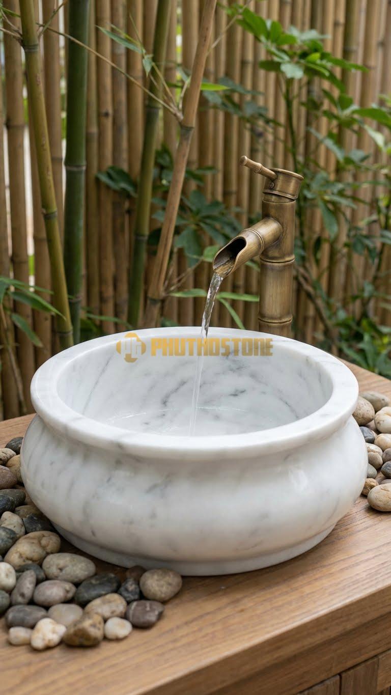 Chậu Rửa (Lavabo) Đá Trắng Yên Bái Tròn 41 Cao 14