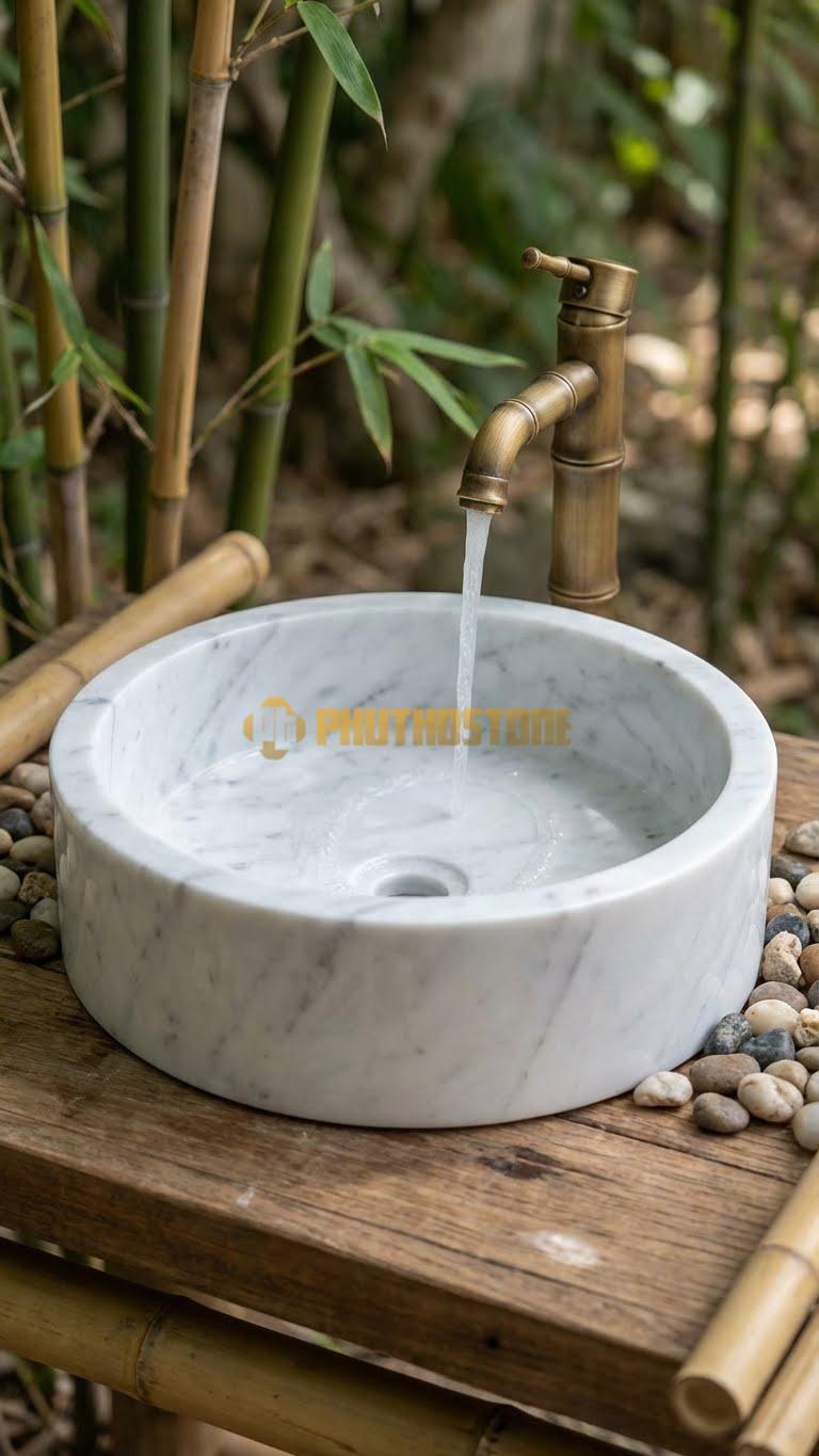 Chậu Rửa (Lavabo) Đá Trắng Yên Bái Tròn 42 x Cao 14cm