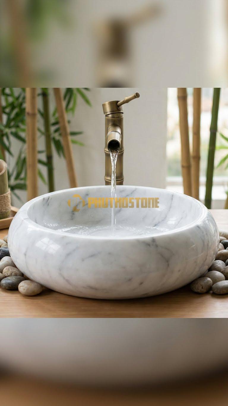 Chậu Rửa (Lavabo) Đá Trắng Yên Bái Tròn Có Phào 41 Cao 14
