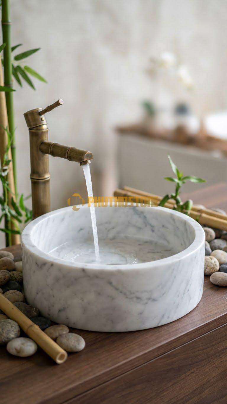 Chậu Rửa (Lavabo) Đá Trắng Yên Bái Tròn Có Phào 41 Cao 14