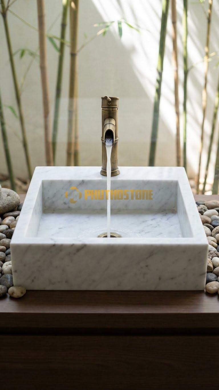 Chậu Rửa (Lavabo) Đá Trắng Yên Bái Vuông 41 Cao 14cm