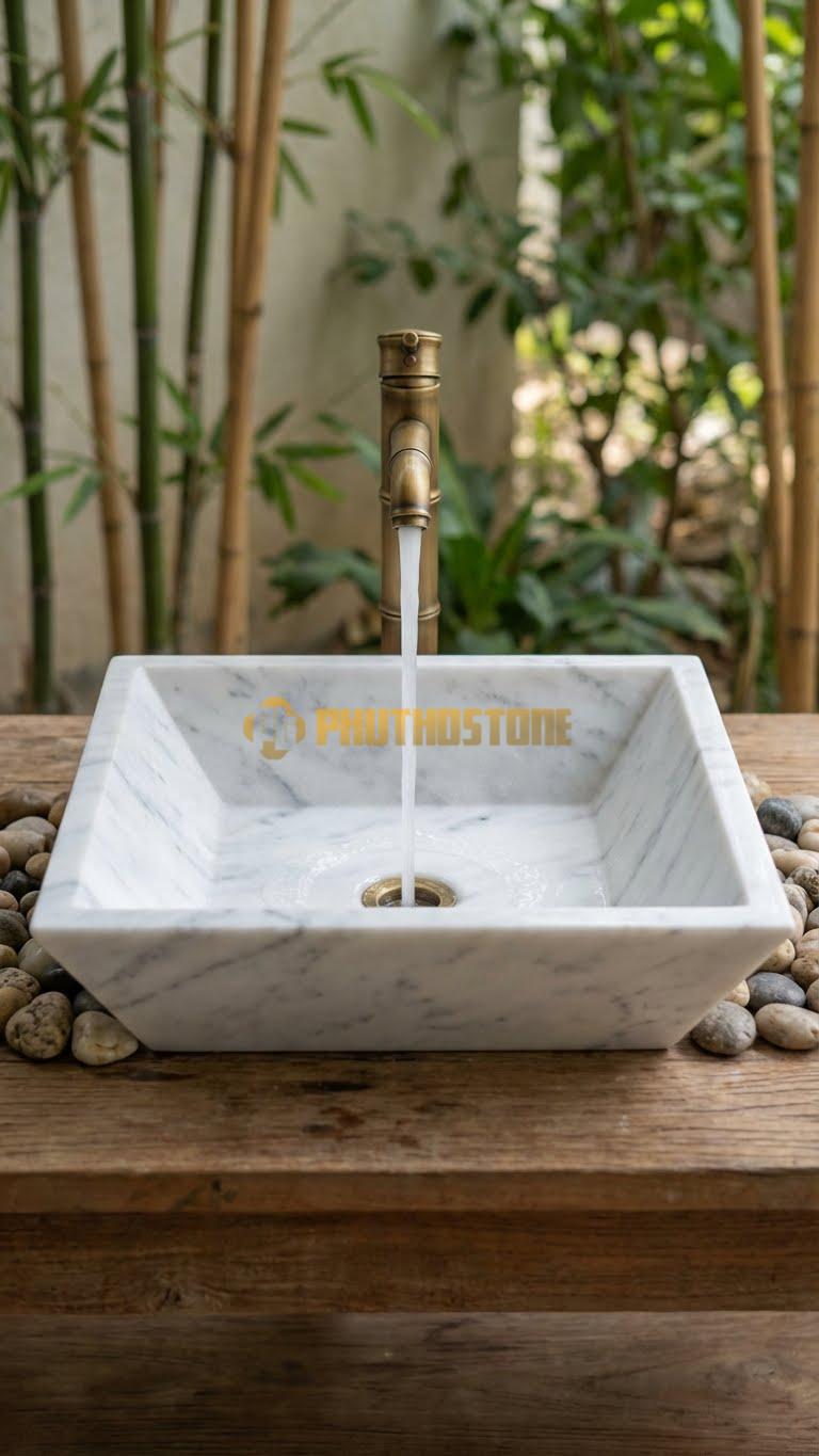 Chậu Rửa (Lavabo) Đá Trắng Yên Bái Vuông Vát 44 cm x 44 cm x 14 cm