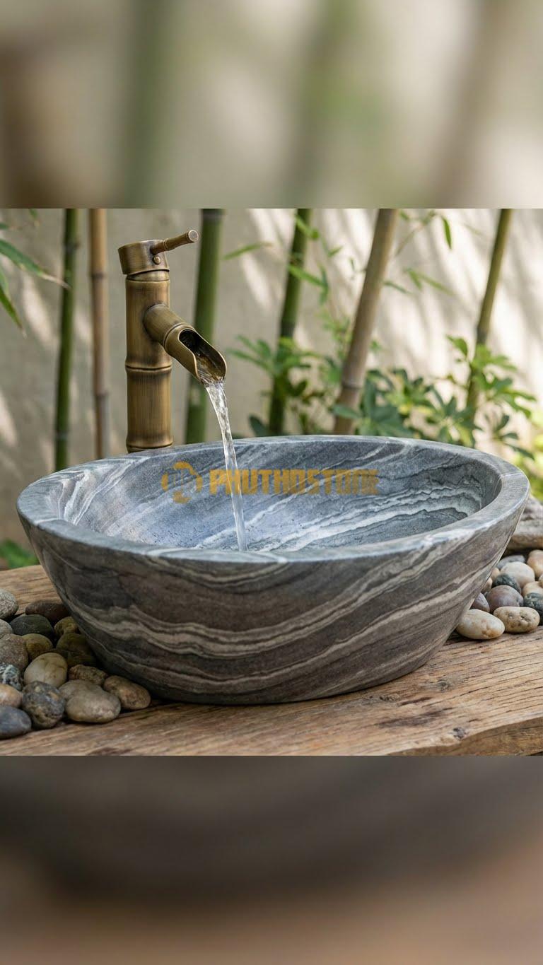 Chậu Rửa (Lavabo) Đá Vân Mây Lavabo Oval Vát Đáy Phẳng Nhỏ 15cm