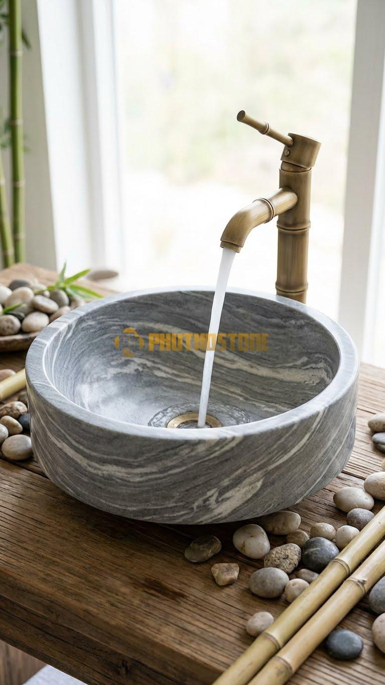 Chậu Rửa (Lavabo) Đá Vân Mây Lavabo Tròn Nhưng Đáy Nổi14cm