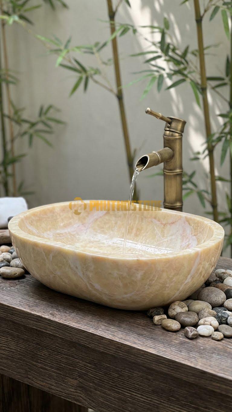 Chậu Rửa (Lavabo) Đá Vàng Nghệ An Bầu Dục 52 cm x 41 cm x 16 cm