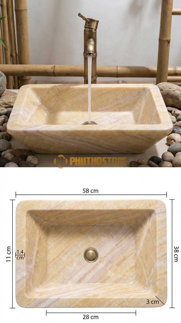 Chậu Rửa (Lavabo) Đá Vàng Nghệ An Hình Thang Bo Viền 58X38X11cm