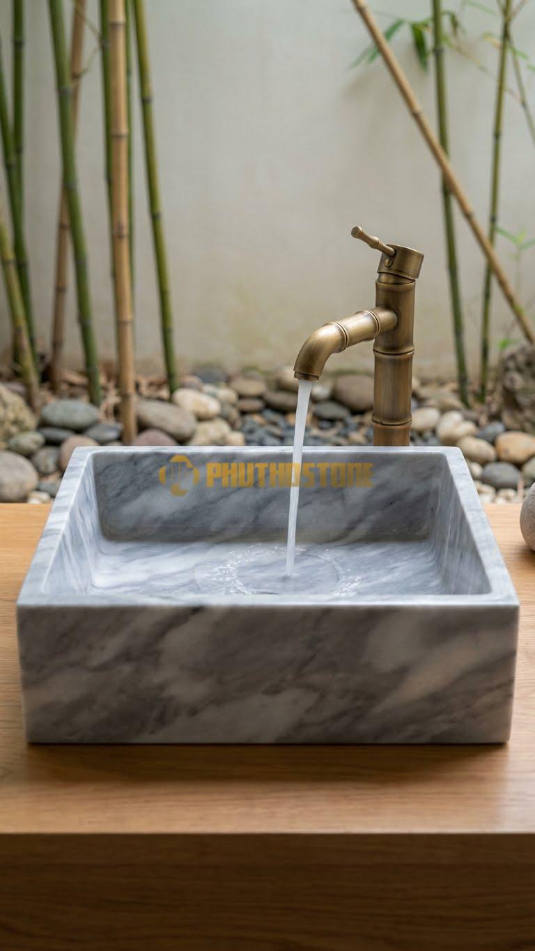 Chậu Rửa (Lavabo) Đá Xám Vân Mây 41x41x14