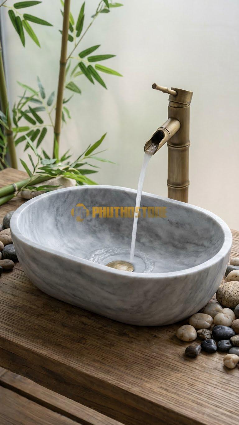 Chậu Rửa (Lavabo) Đá Xám Vân Mây Bầu Dục 52 cm x 41 cm x 16 cm