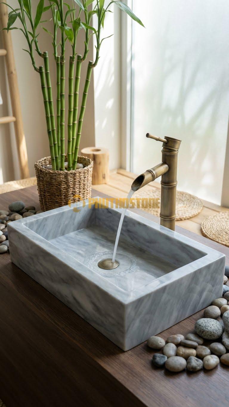 Chậu Rửa (Lavabo) Đá Xám Vân Mây Chữ Nhật 61 cm x 36 cm x 13cm