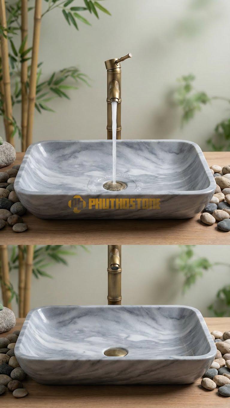 Chậu Rửa (Lavabo) Đá Xám Vân Mây Chữ Nhật Vát 58 cm x 38 cm x 11cm