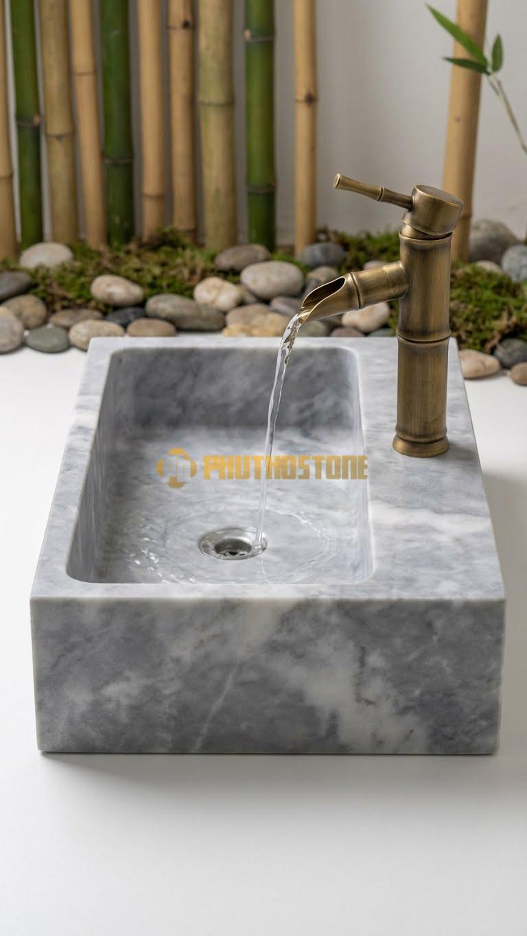 Chậu Rửa (Lavabo) Đá Xám Vân Mây Dài 39 x 25 Cao 12 Có Chỗ Đặt Trụ