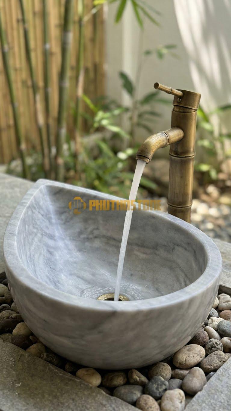Chậu Rửa (Lavabo) Đá Xám Vân Mây Giọt Nước 14cm