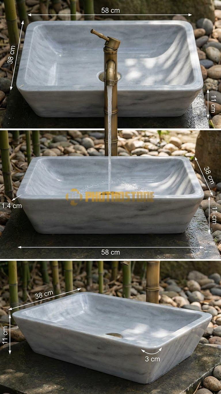 Chậu Rửa (Lavabo) Đá Xám Vân Mây Hình Thang Bo Viền 58X38X11cm