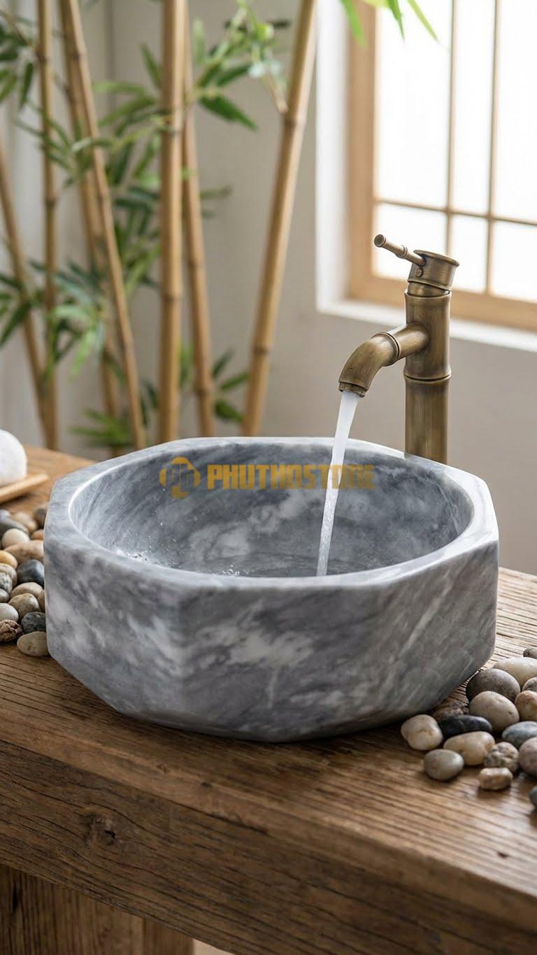 Chậu Rửa (Lavabo) Đá Xám Vân Mây Lavabo Đa Giác Bo Tròn Cao 12cm