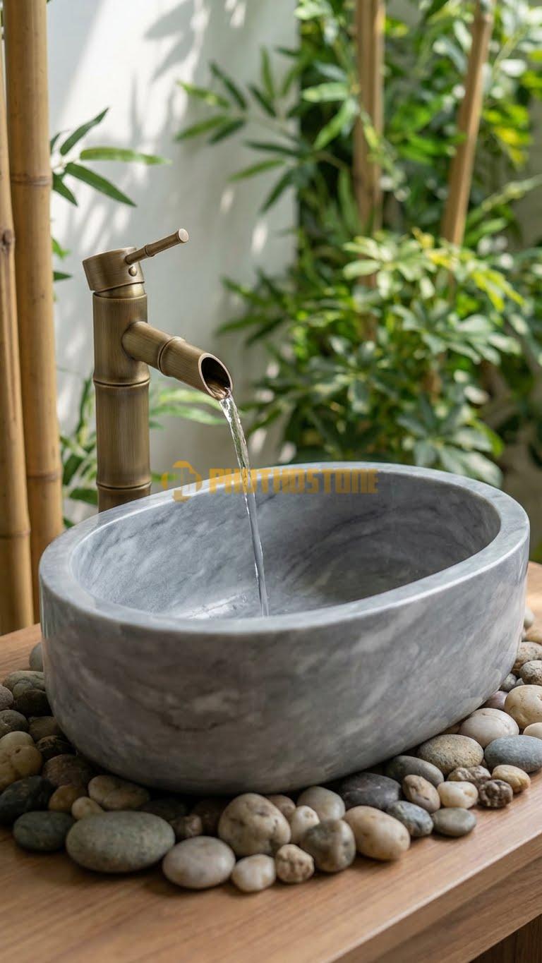 Chậu Rửa (Lavabo) Đá Xám Vân Mây Lavabo Elip Sâu Cao 16cm