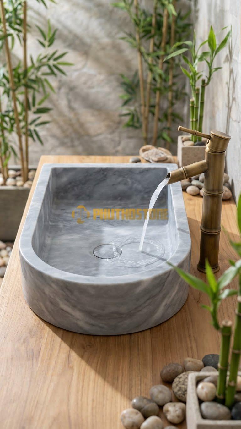 Chậu Rửa (Lavabo) Đá Xám Vân Mây Lavabo Hình Chữ D Cao 13cm