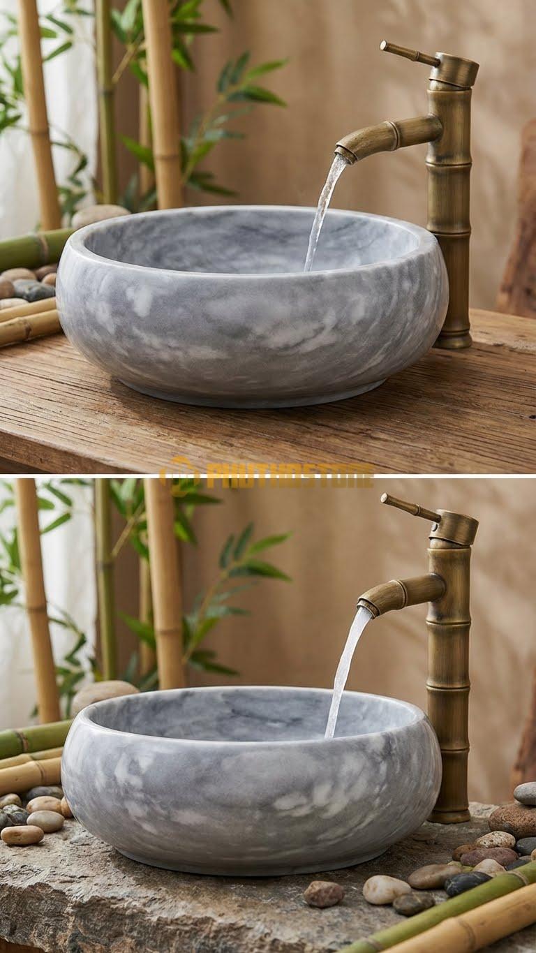 Chậu Rửa (Lavabo) Đá Xám Vân Mây Tròn 41 Cao 14