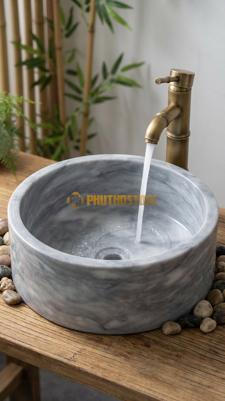 Chậu Rửa (Lavabo) Đá Xám Vân Mây Tròn 42 x Cao 14cm